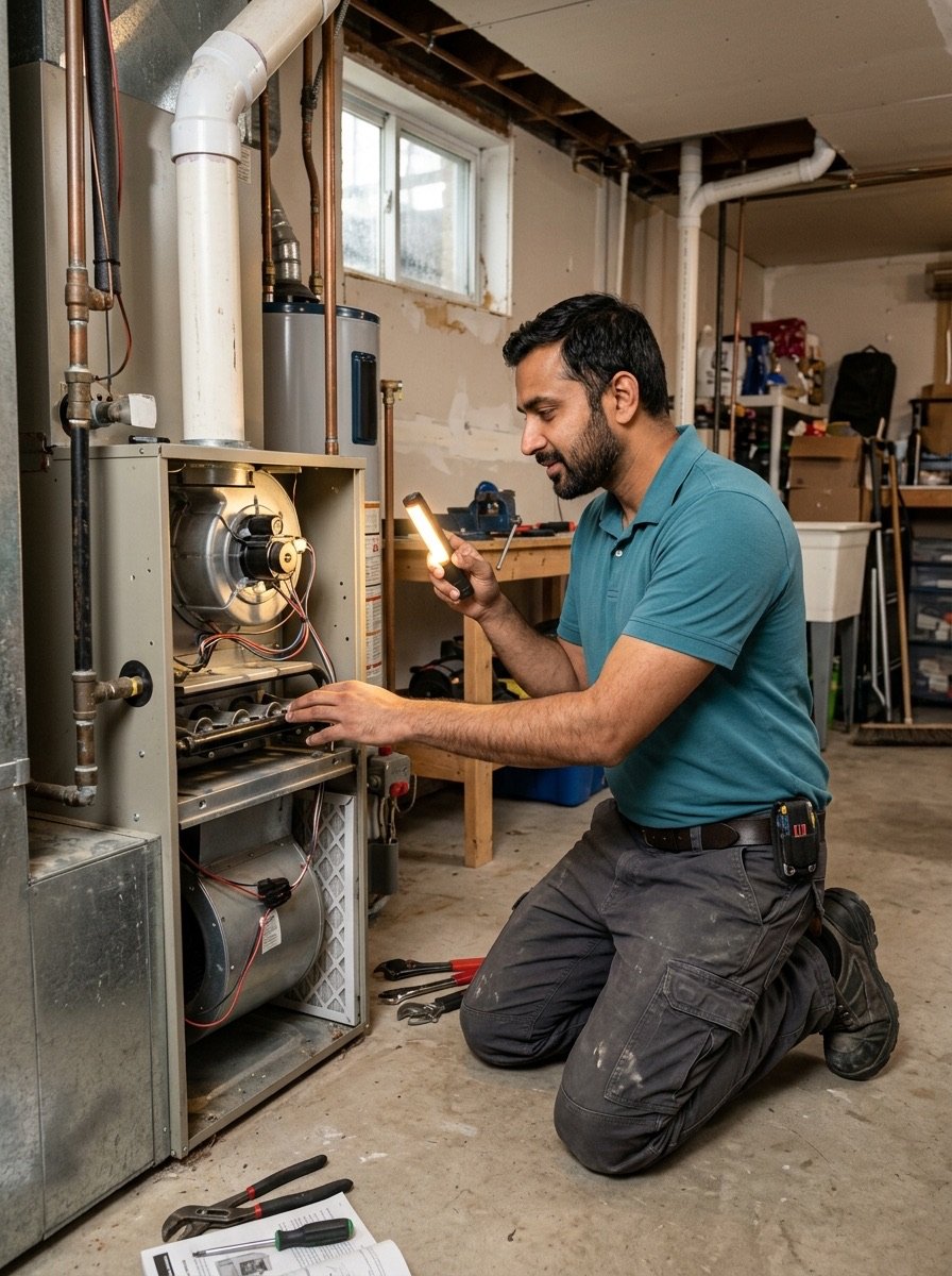 Tasveer Singh checking a furnace heat exchanger with an inspection camera