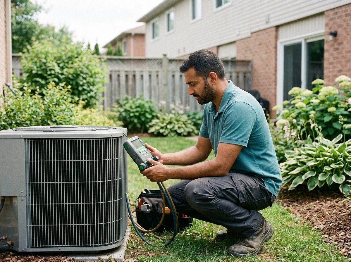 Outdoor central air conditioner being commissioned in summer