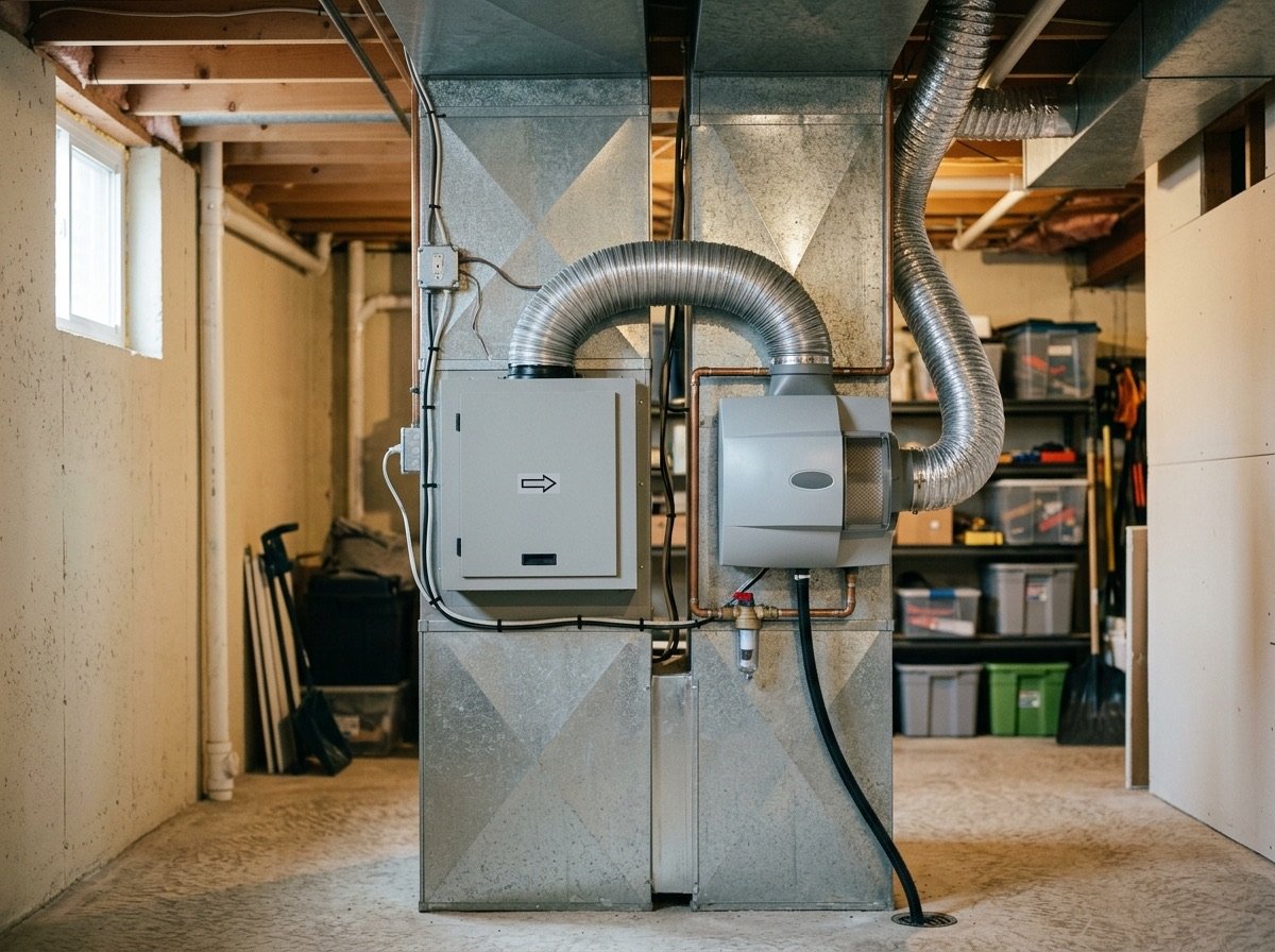 Whole home air cleaner and humidifier mounted on basement ductwork