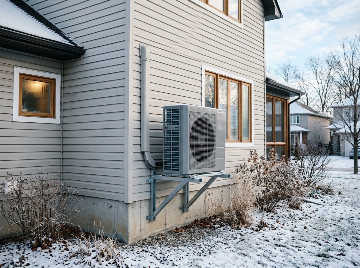 Cold climate heat pump mounted on a stand beside a home in winter